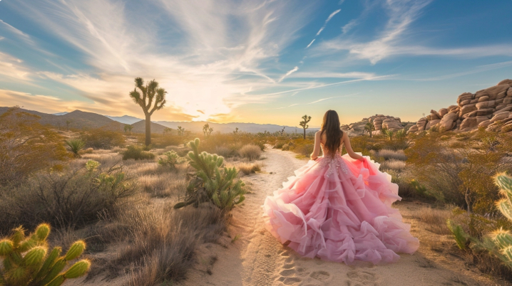 Quinceañera in a flowing pink gown in the desert