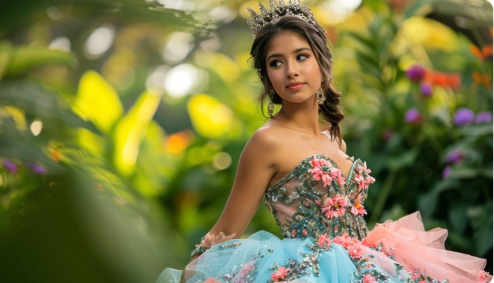 Quinceañera wearing a floral blue and pink dress in a garden