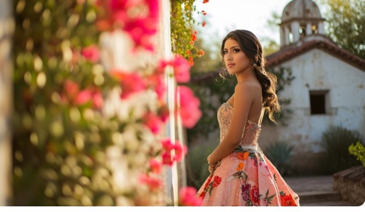 Quinceañera portrait near a historic mission