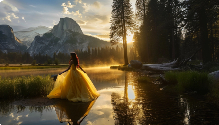 Quinceañera in a yellow gown beside a mountain lake